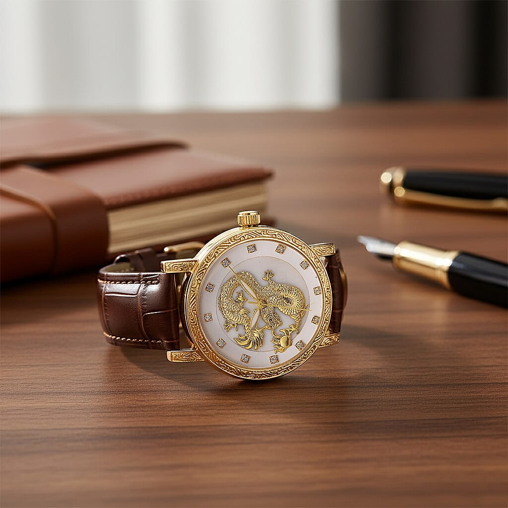 GENOA TIME LIMITED EDITION Dragon Series 3ATM WR Mother Of Pearl Dial & Gold Case Watch with Austrian Crystal Accents & Brown Leather Strap Presented in a Gift Box